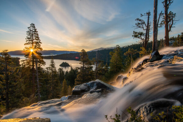 Eagle Falls waterfall with Lake Tahoe at sunrise